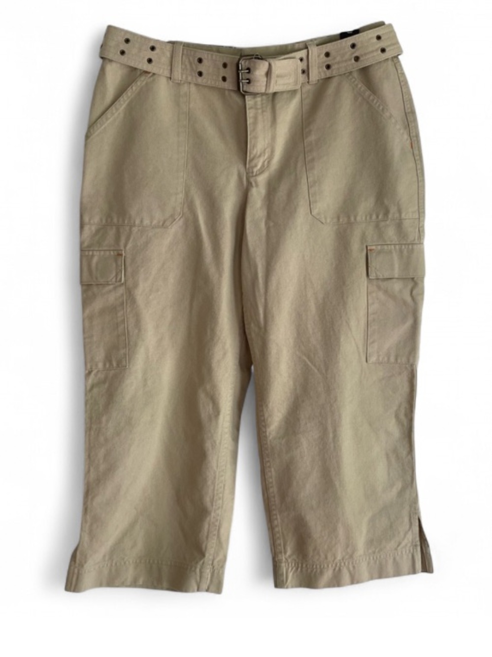 Liz Claiborne Audra 100% Cotton Tan Belted Cropped Capri Pants Size 10